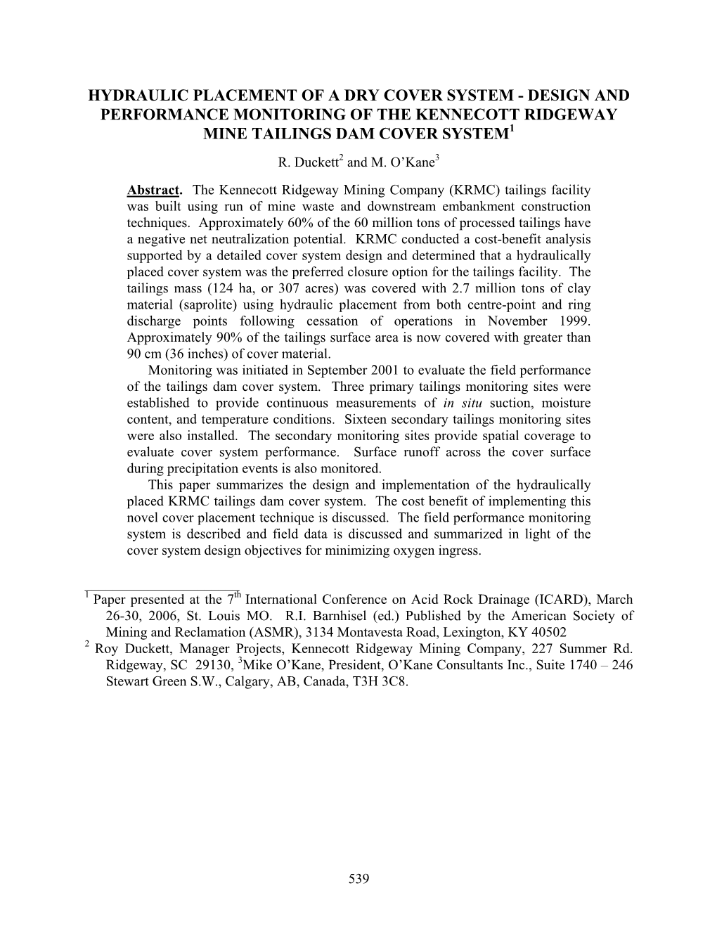 Design & Performance Monitoring (Kennecott Ridgeway Mine Tailings