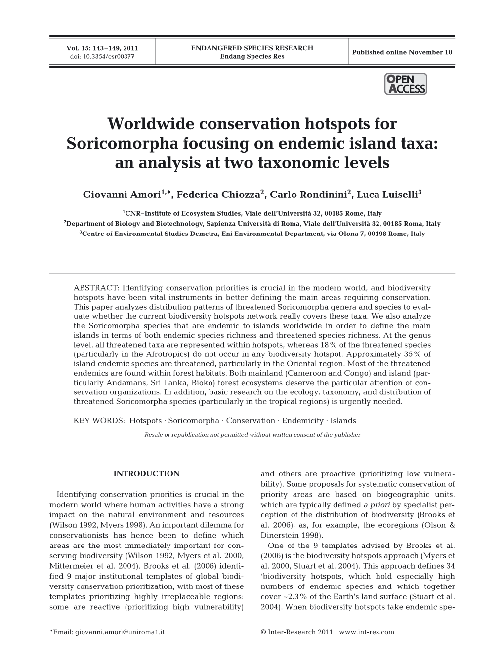 Worldwide Conservation Hotspots for Soricomorpha Focusing on Endemic Island Taxa: an Analysis at Two Taxonomic Levels