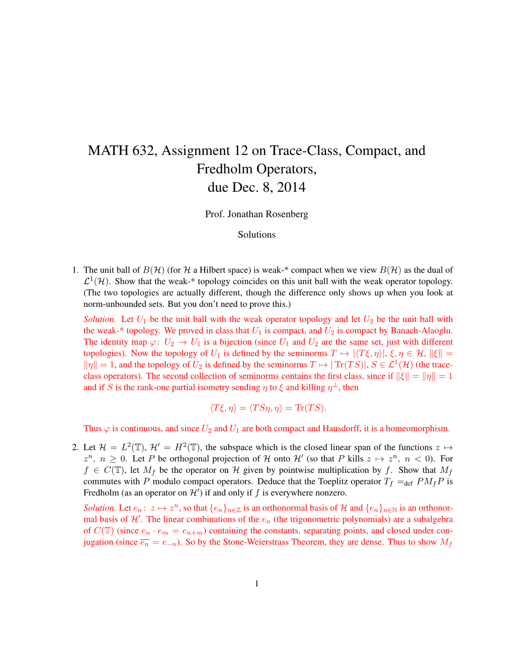 MATH 632, Assignment 12 on Trace-Class, Compact, and Fredholm Operators, Due Dec