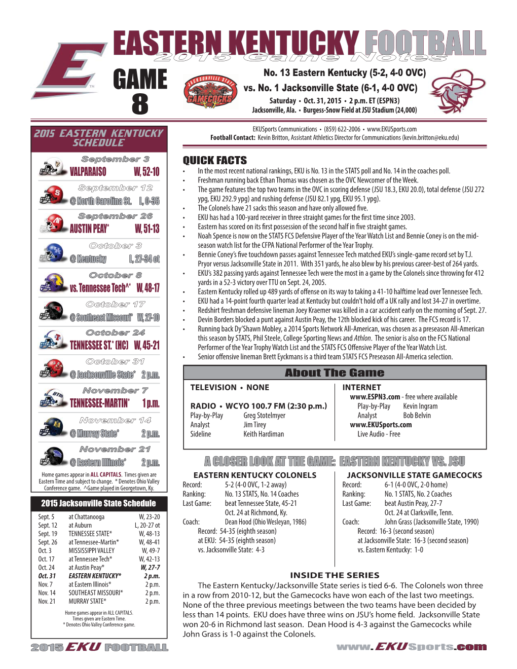 2015 EKU Game Notes (Game-8 Vs JSU).Indd