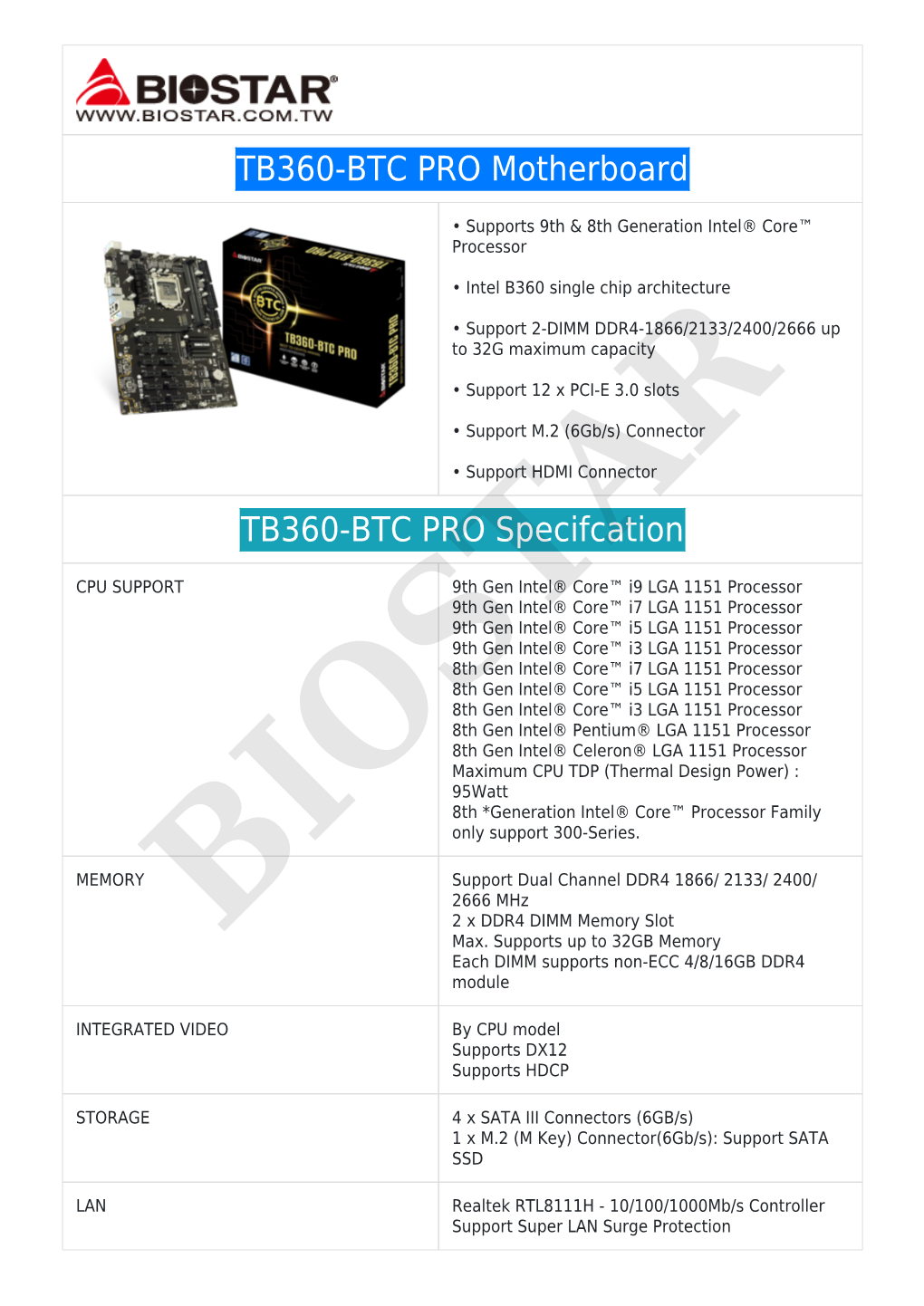 TB360-BTC PRO Motherboard TB360-BTC PRO Specifcation