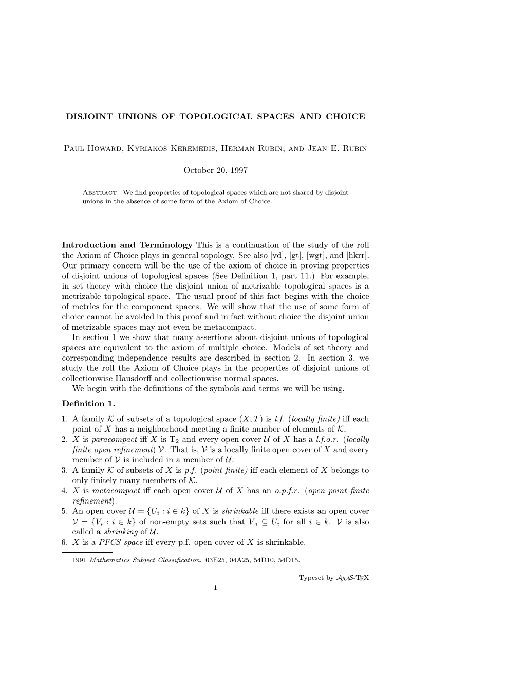 Disjoint Unions of Topological Spaces and Choice