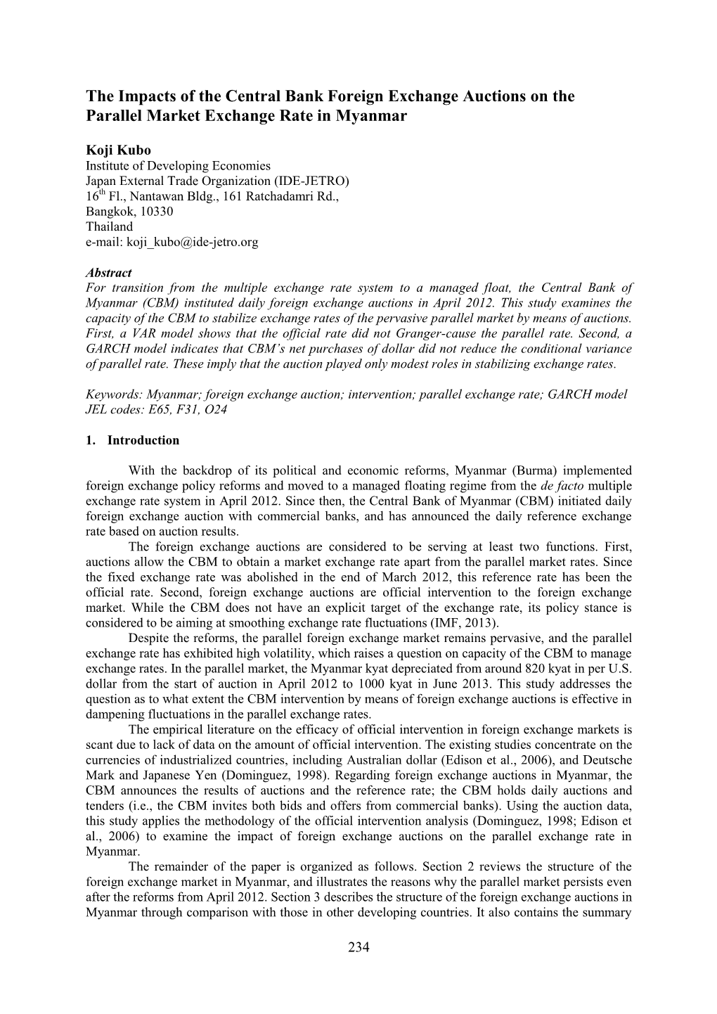 The Impacts of the Central Bank Foreign Exchange Auctions on the Parallel Market Exchange Rate in Myanmar