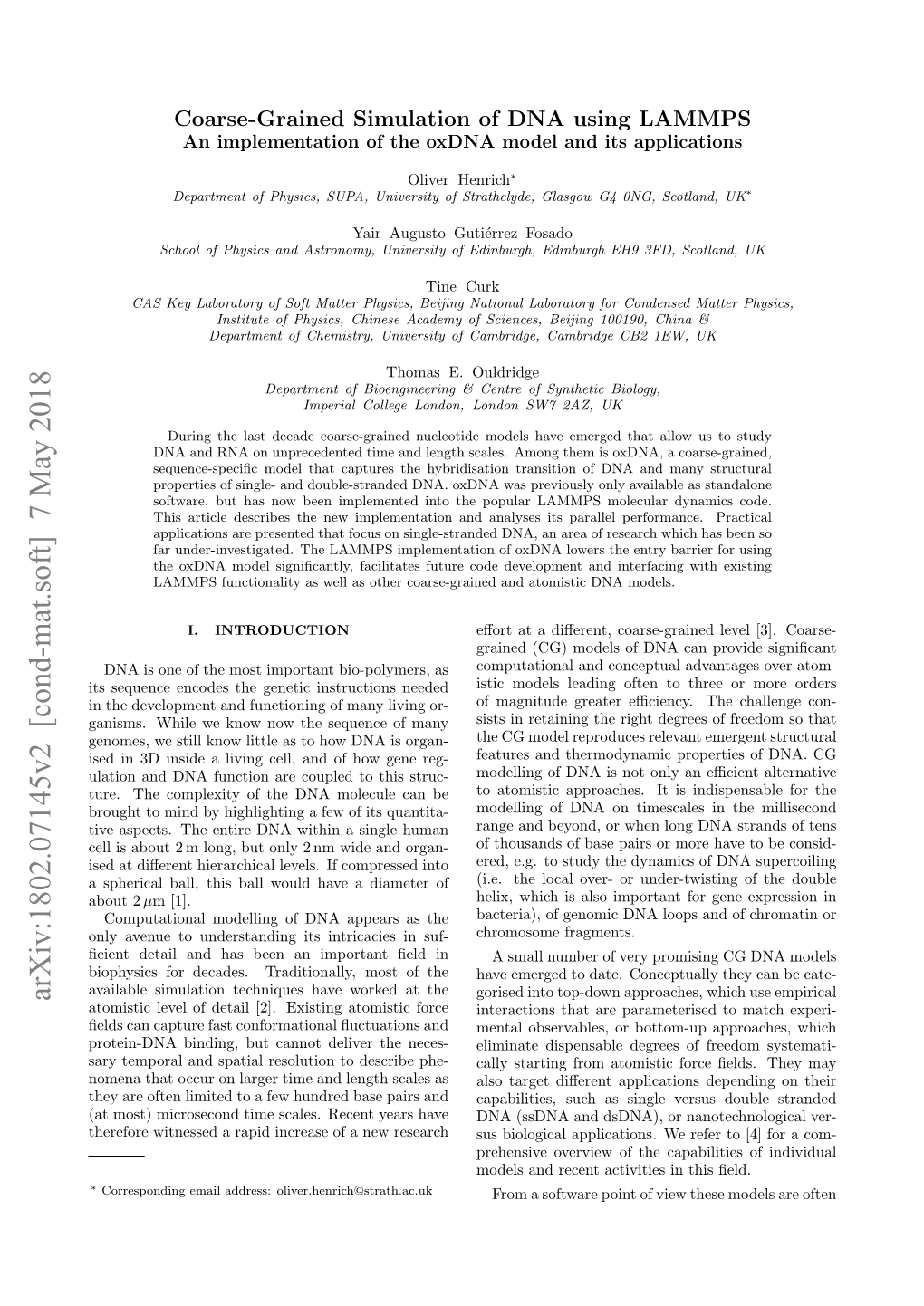 Coarse-Grained Simulation of DNA Using LAMMPS an Implementation of the Oxdna Model and Its Applications