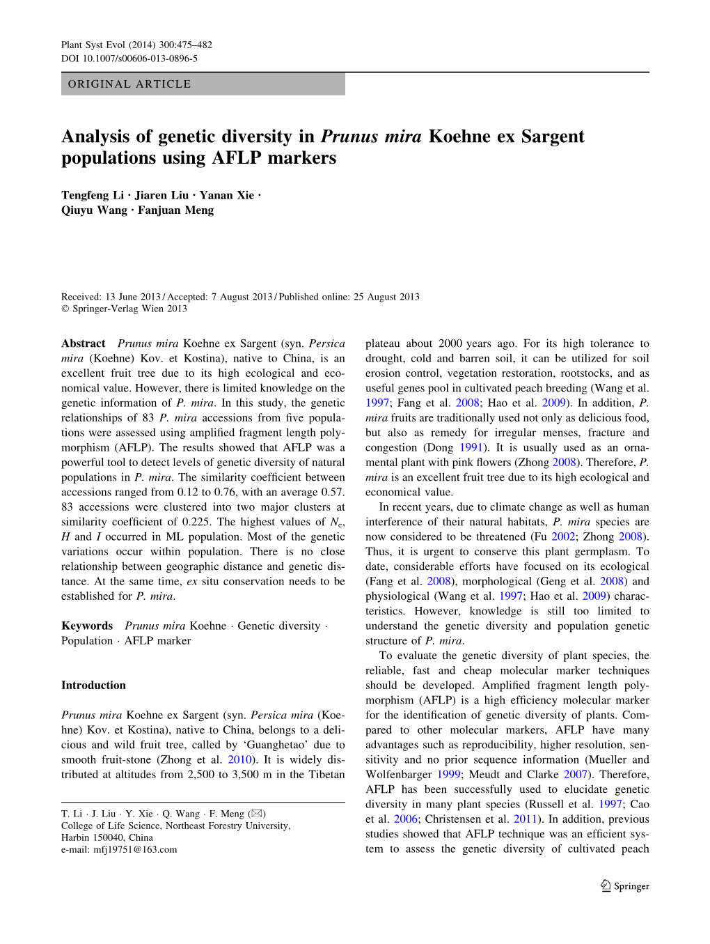 Analysis of Genetic Diversity in Prunus Mira Koehne Ex Sargent Populations Using AFLP Markers