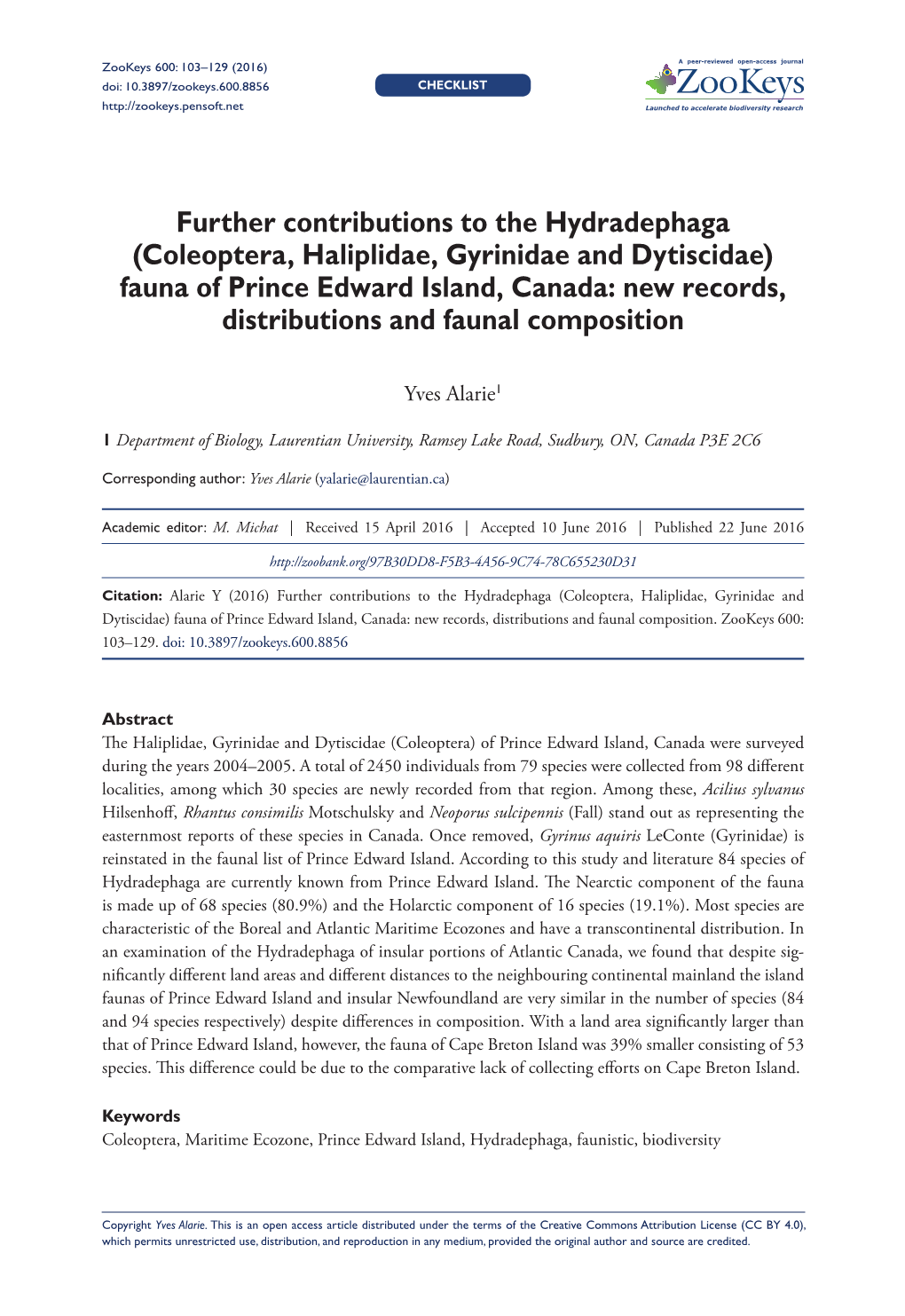 (Coleoptera, Haliplidae, Gyrinidae and Dytiscidae) Fauna of Prince Edward Island, Canada: New Records, Distributions and Faunal Composition