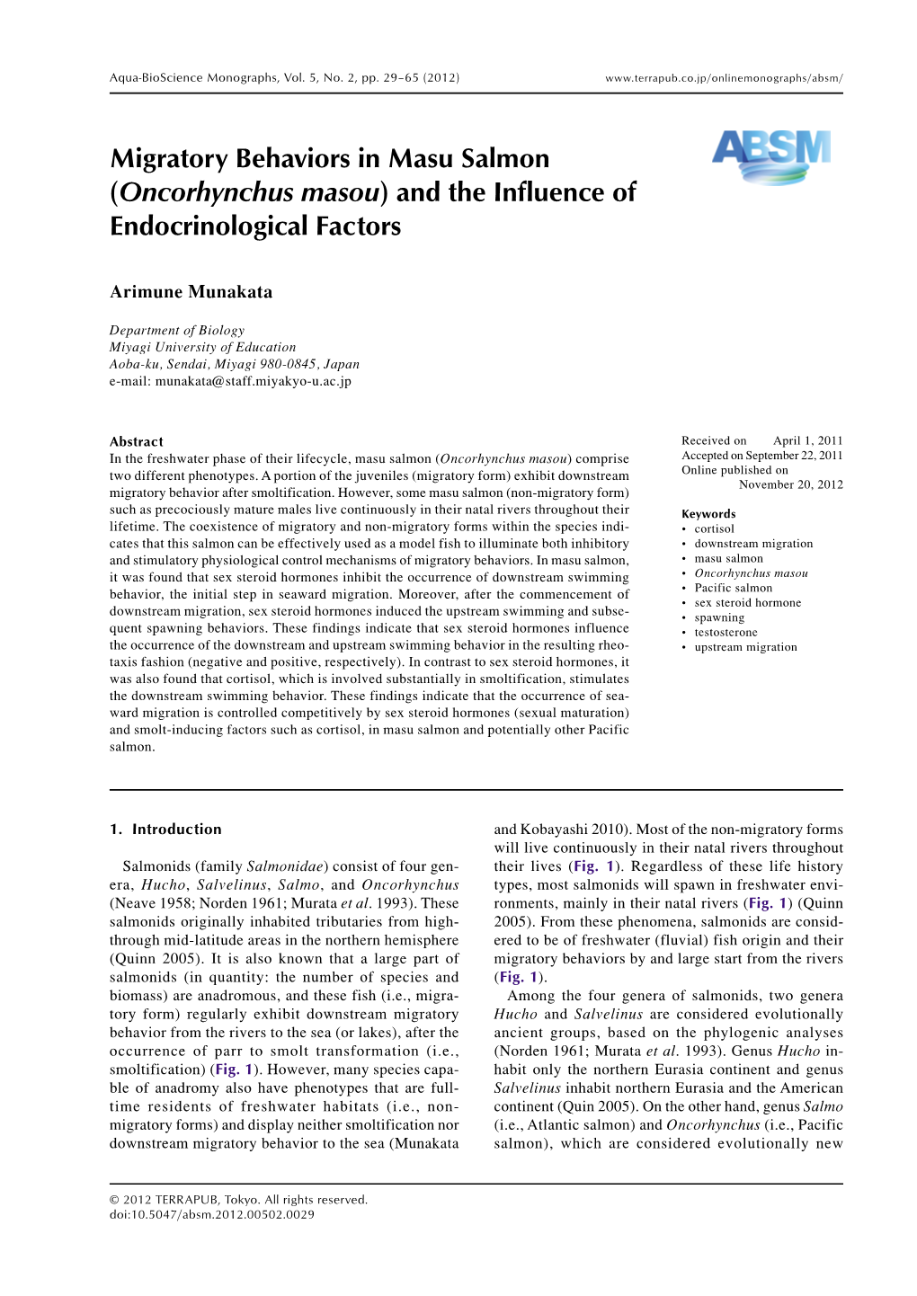 Migratory Behaviors in Masu Salmon (Oncorhynchus Masou) and the Influence of Endocrinological Factors