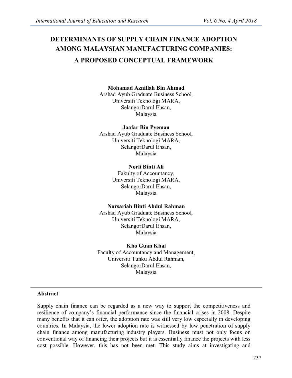 Determinants of Supply Chain Finance Adoption Among Malaysian Manufacturing Companies: a Proposed Conceptual Framework