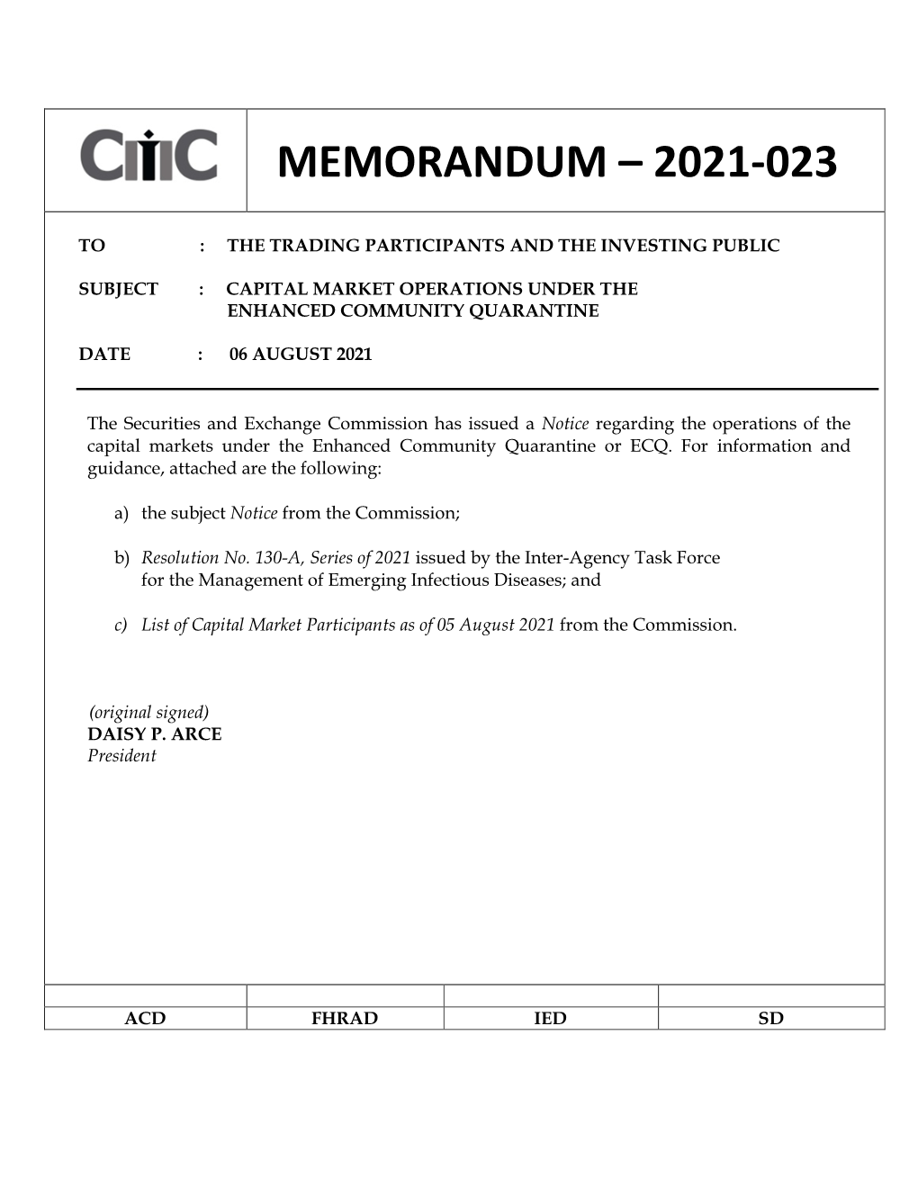 Capital Market Operations Under the Enhanced Community Quarantine