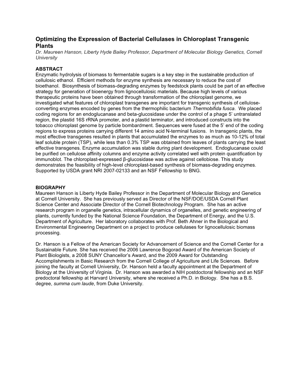 Optimizing the Expression of Bacterial Cellulases in Chloroplast Transgenic Plants Dr