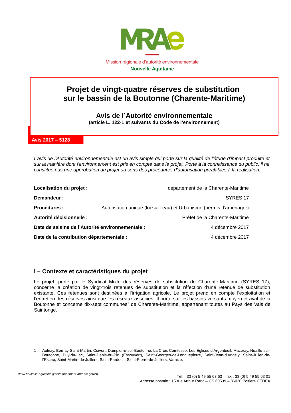 Projet De Vingt-Quatre Réserves De Substitution Sur Le Bassin De La Boutonne (Charente-Maritime)