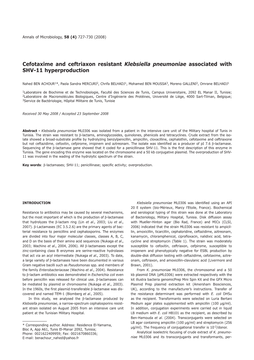 Klebsiella Pneumoniae Associated with SHV-11 Hyperproduction