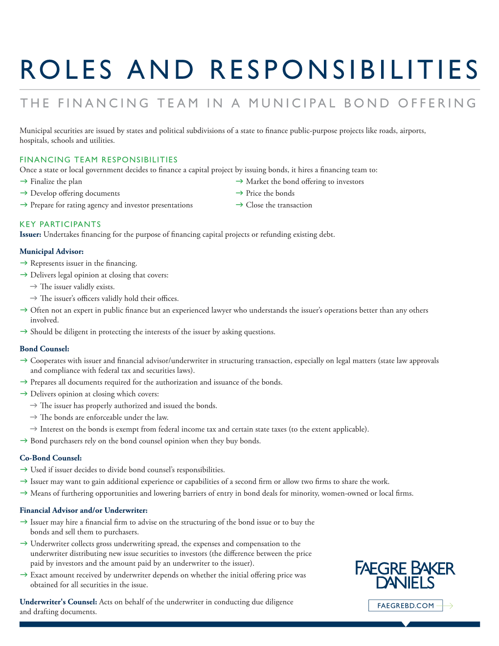 Roles and Responsibilities the Financing Team in a Municipal Bond Offering