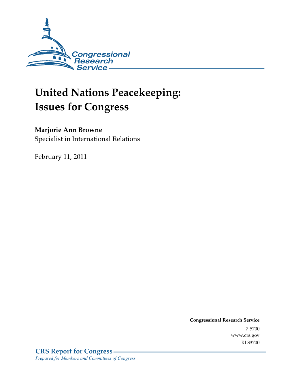 United Nations Peacekeeping: Issues for Congress