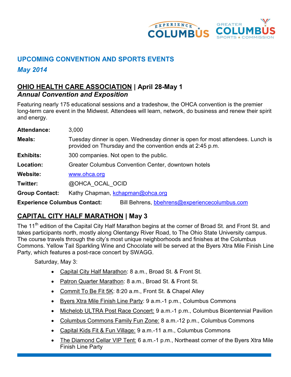 UPCOMING CONVENTION and SPORTS EVENTS May 2014