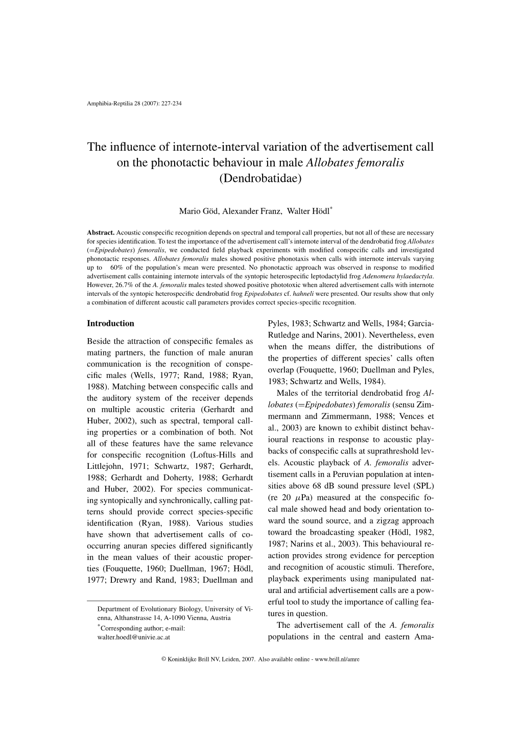 The Influence of Internote-Interval Variation of the Advertisement Call