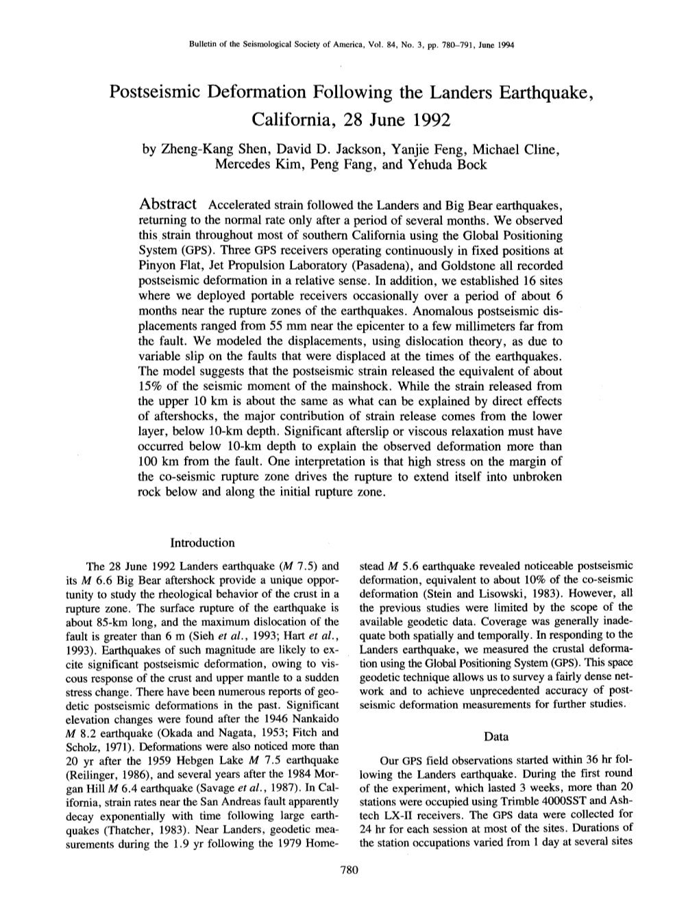 Postseismic Deformation Following the Landers Earthquake, California, 28 June 1992