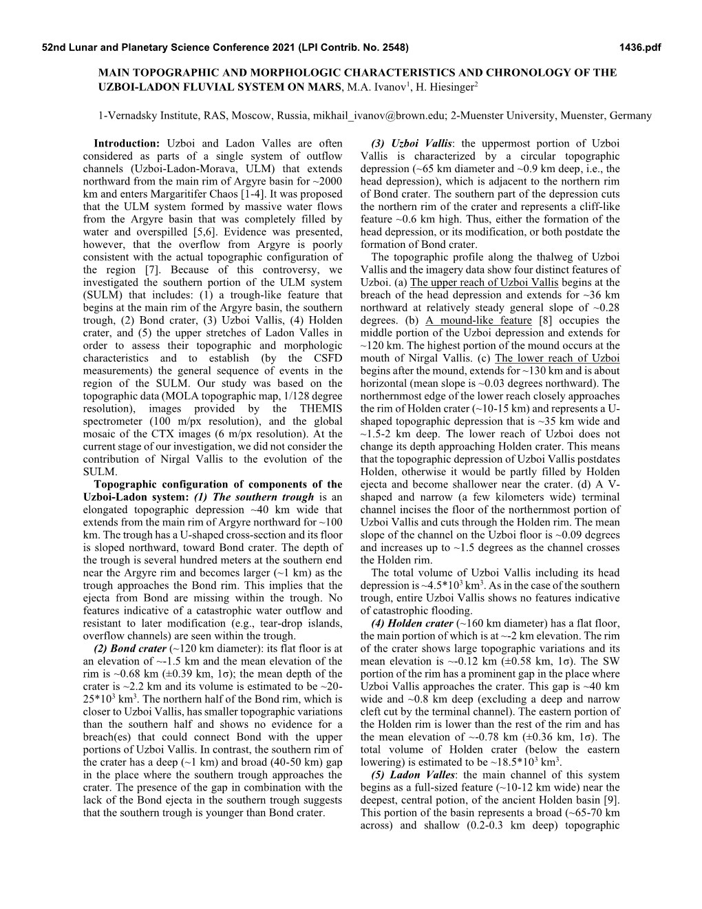 Main Topographic and Morphologic Characteristics and Chronology of the Uzboi-Ladon Fluvial System on Mars, M.A