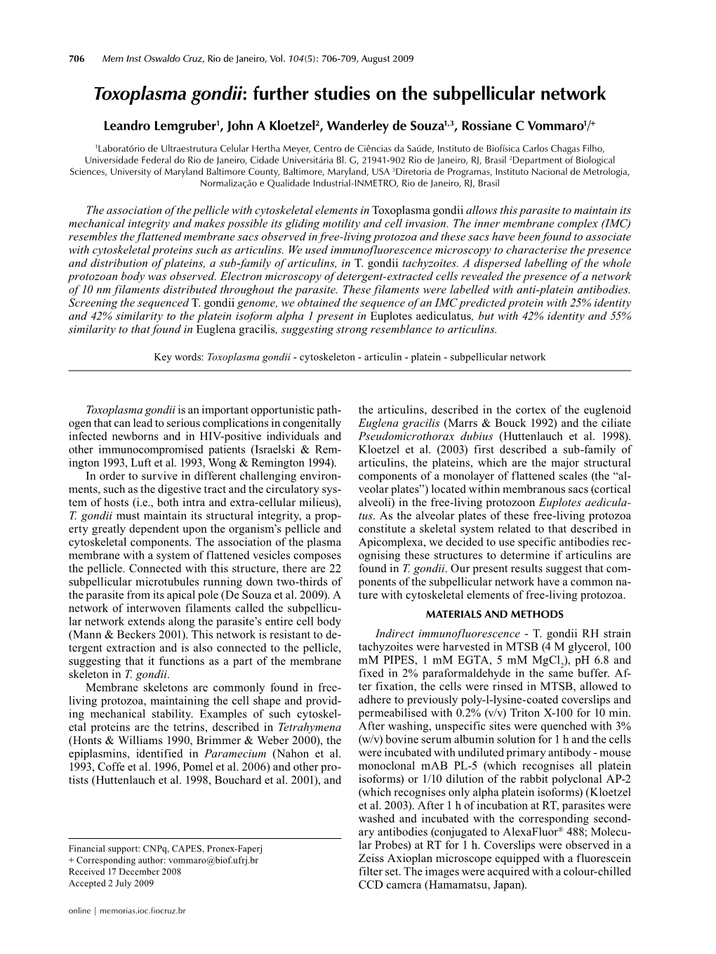 Toxoplasma Gondii: Further Studies on the Subpellicular Network