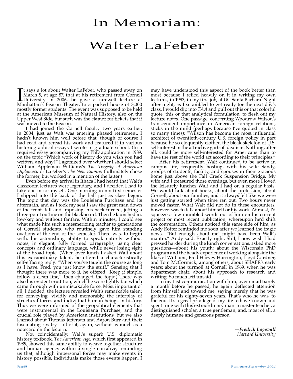 In Memoriam: Walter Lafeber