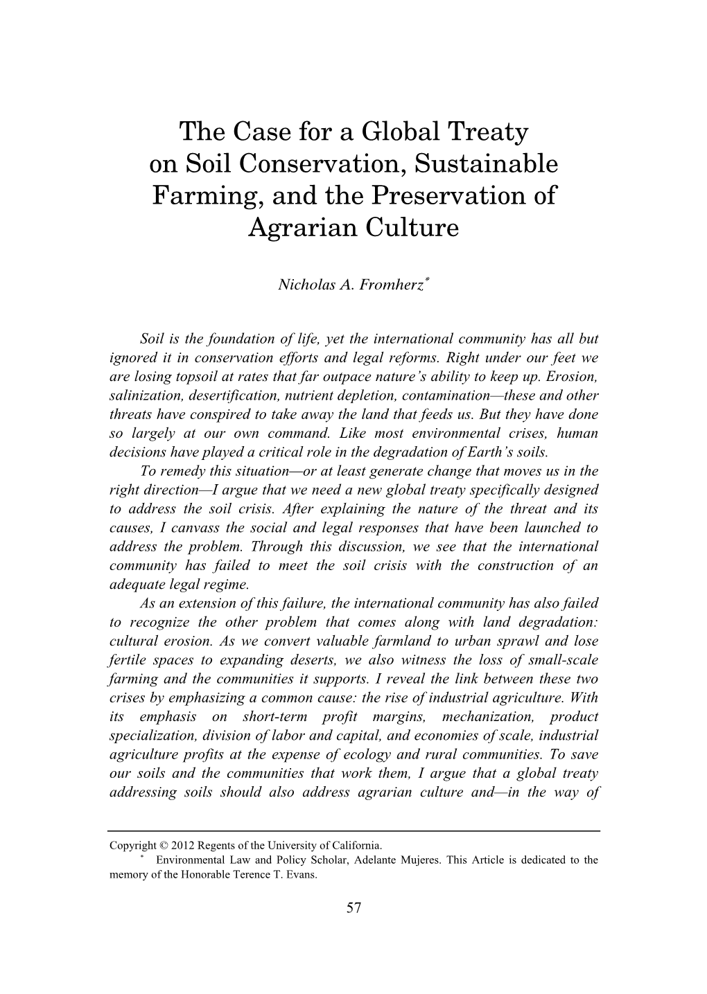 The Case for a Global Treaty on Soil Conservation, Sustainable Farming, and the Preservation of Agrarian Culture