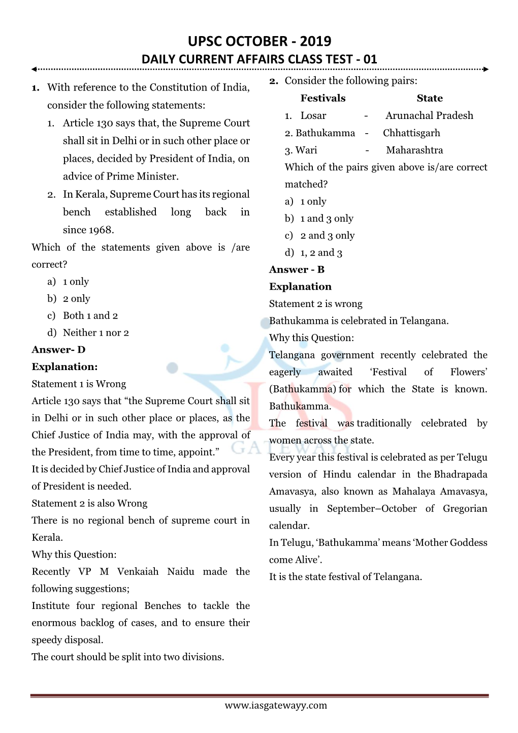 Upsc October - 2019 Daily Current Affairs Class Test - 01 2