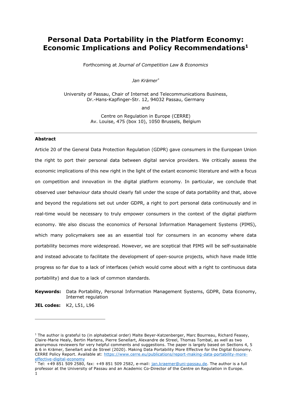 Personal Data Portability in the Platform Economy: Economic Implications and Policy Recommendations1