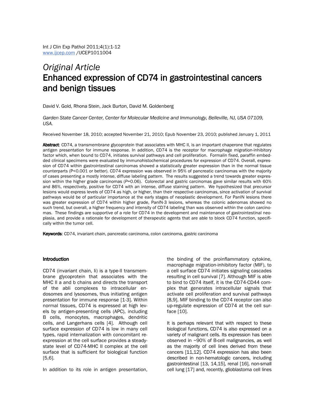 Original Article Enhanced Expression of CD74 in Gastrointestinal Cancers and Benign Tissues