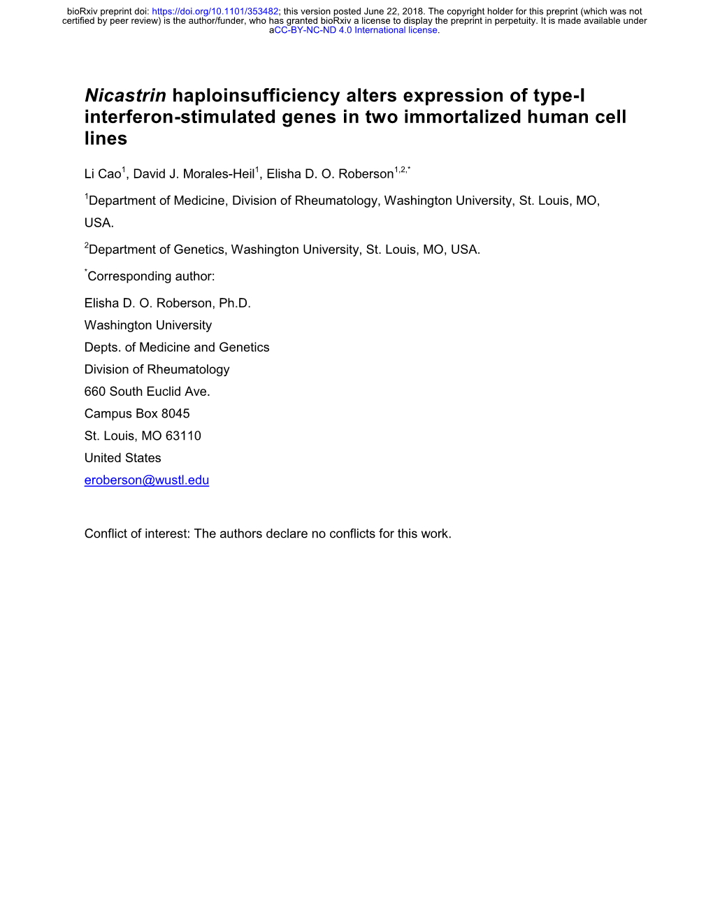 Nicastrin Haploinsufficiency Alters Expression of Type-I Interferon-Stimulated Genes in Two Immortalized Human Cell Lines