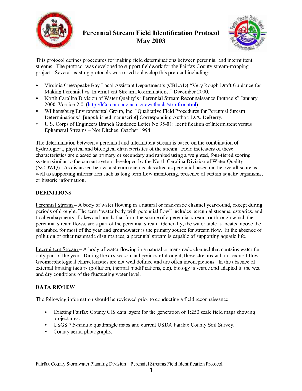 Perennial Stream Field Identification Protocol May 2003