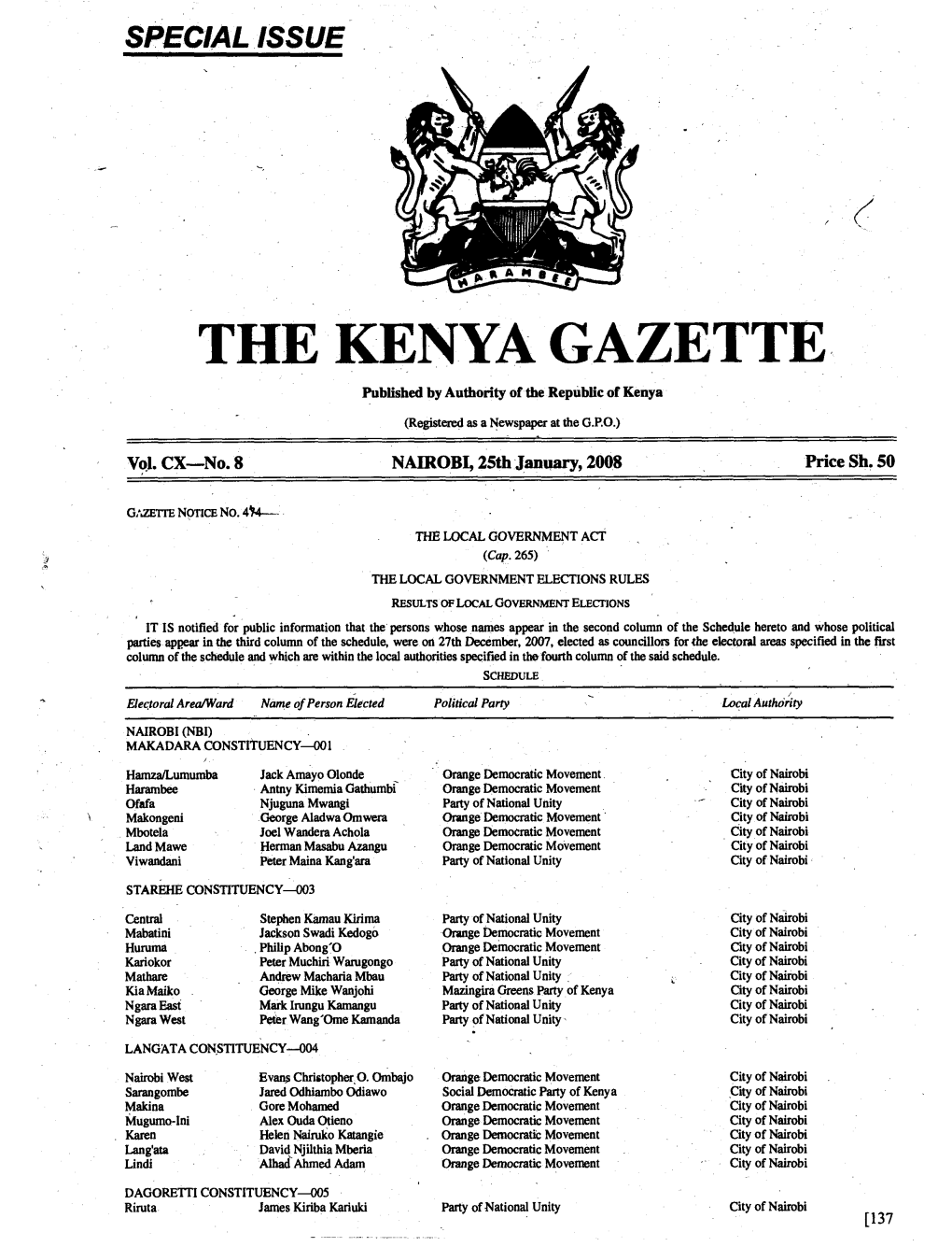 THE KENYA GAZETTE Published by Authority of the Republic of Kenya