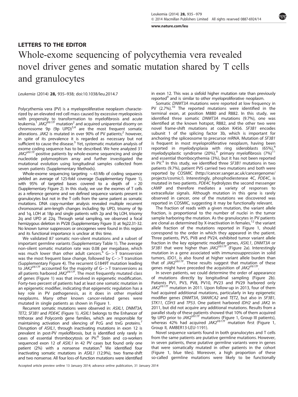 Whole-Exome Sequencing of Polycythemia Vera Revealed Novel Driver Genes and Somatic Mutation Shared by T Cells and Granulocytes