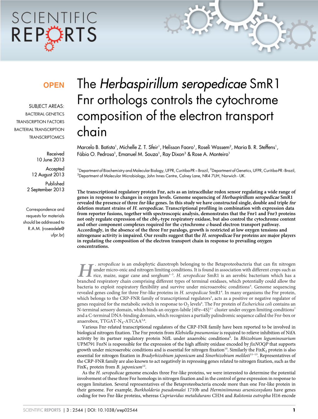 The Herbaspirillum Seropedicae Smr1 Fnr Orthologs Controls The