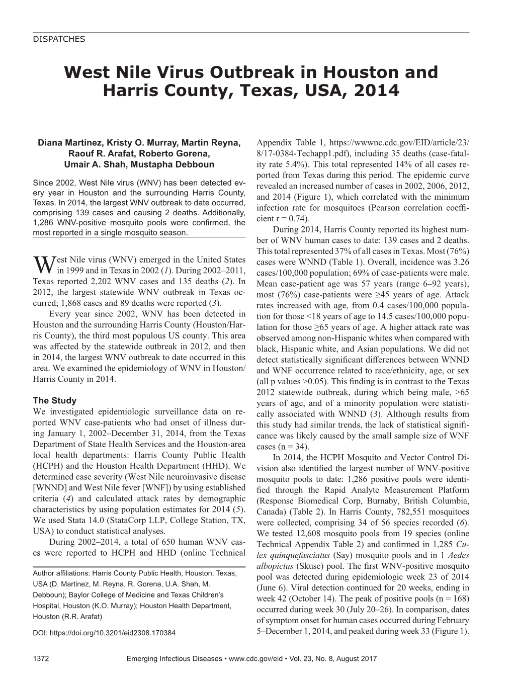 West Nile Virus Outbreak in Houston and Harris County, Texas, USA, 2014