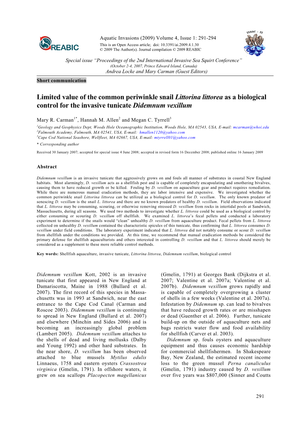 Limited Value of the Common Periwinkle Snail Littorina Littorea As a Biological Control for the Invasive Tunicate Didemnum Vexillum