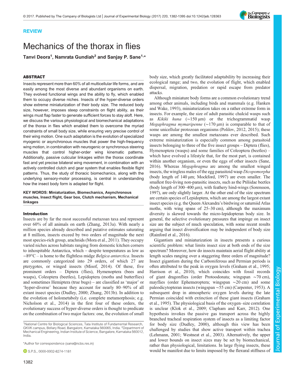 Mechanics of the Thorax in Flies Tanvi Deora1, Namrata Gundiah2 and Sanjay P