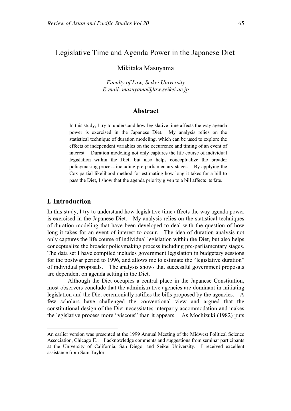 Legislative Time and Agenda Power in the Japanese Diet