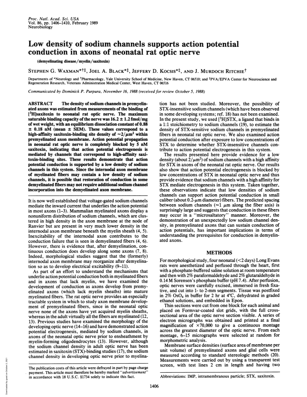 Low Density of Sodium Channels Supports Action Potential Conduction in Axons of Neonatal Rat Optic Nerve (Demyelinating Disease/Myelin/Saxitoxin) STEPHEN G