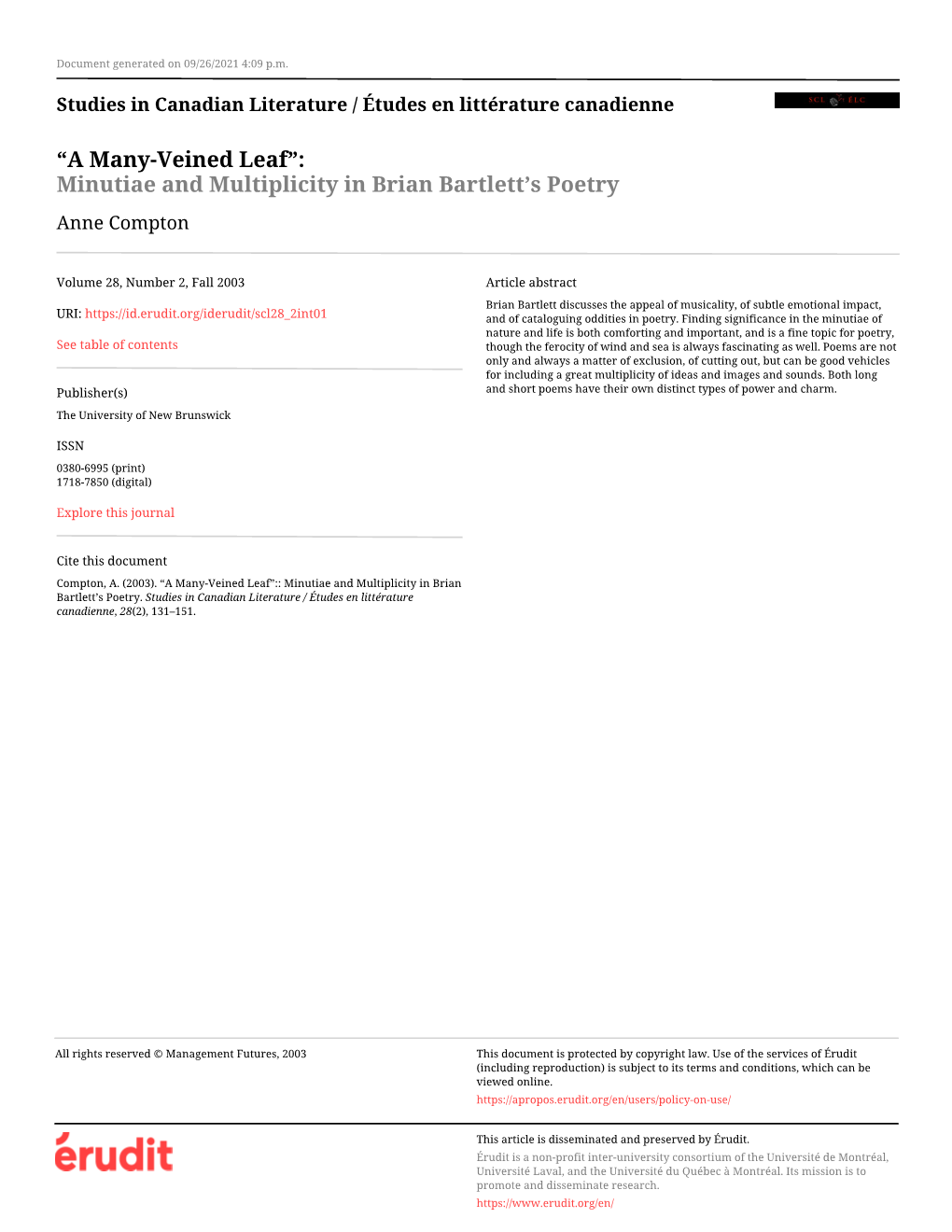 Minutiae and Multiplicity in Brian Bartlett's Poetry