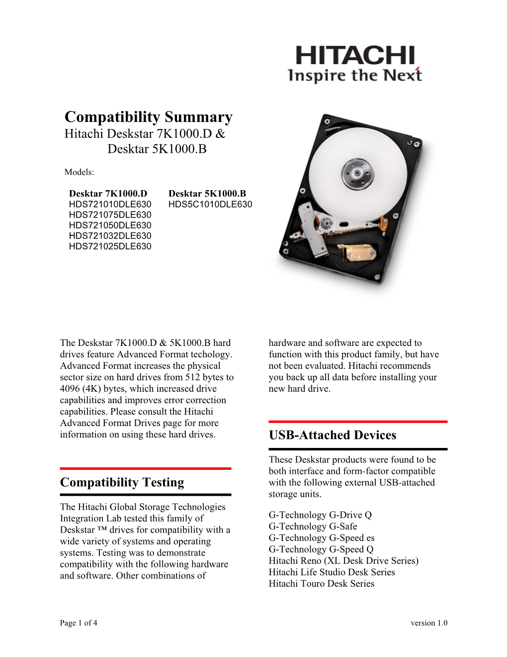 Compatibility Summary Hitachi Deskstar 7K1000.D & Desktar 5K1000.B