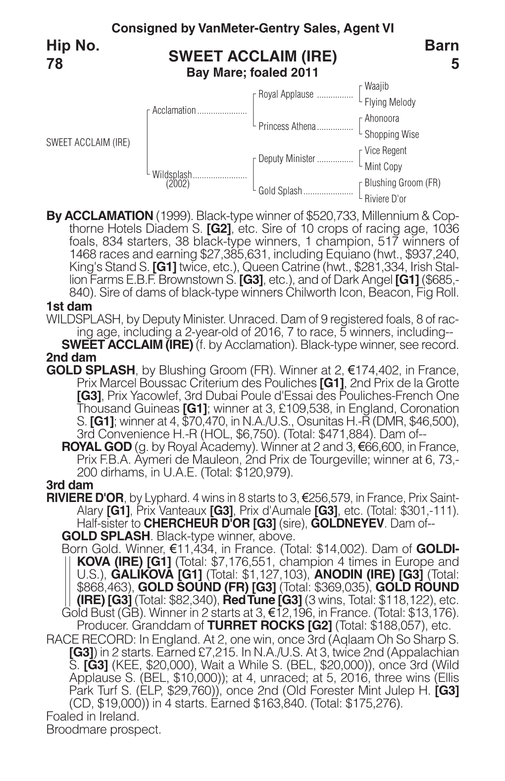 SWEET ACCLAIM (IRE) Barn 78 Bay Mare; Foaled 2011 5 Waajib Royal Applause