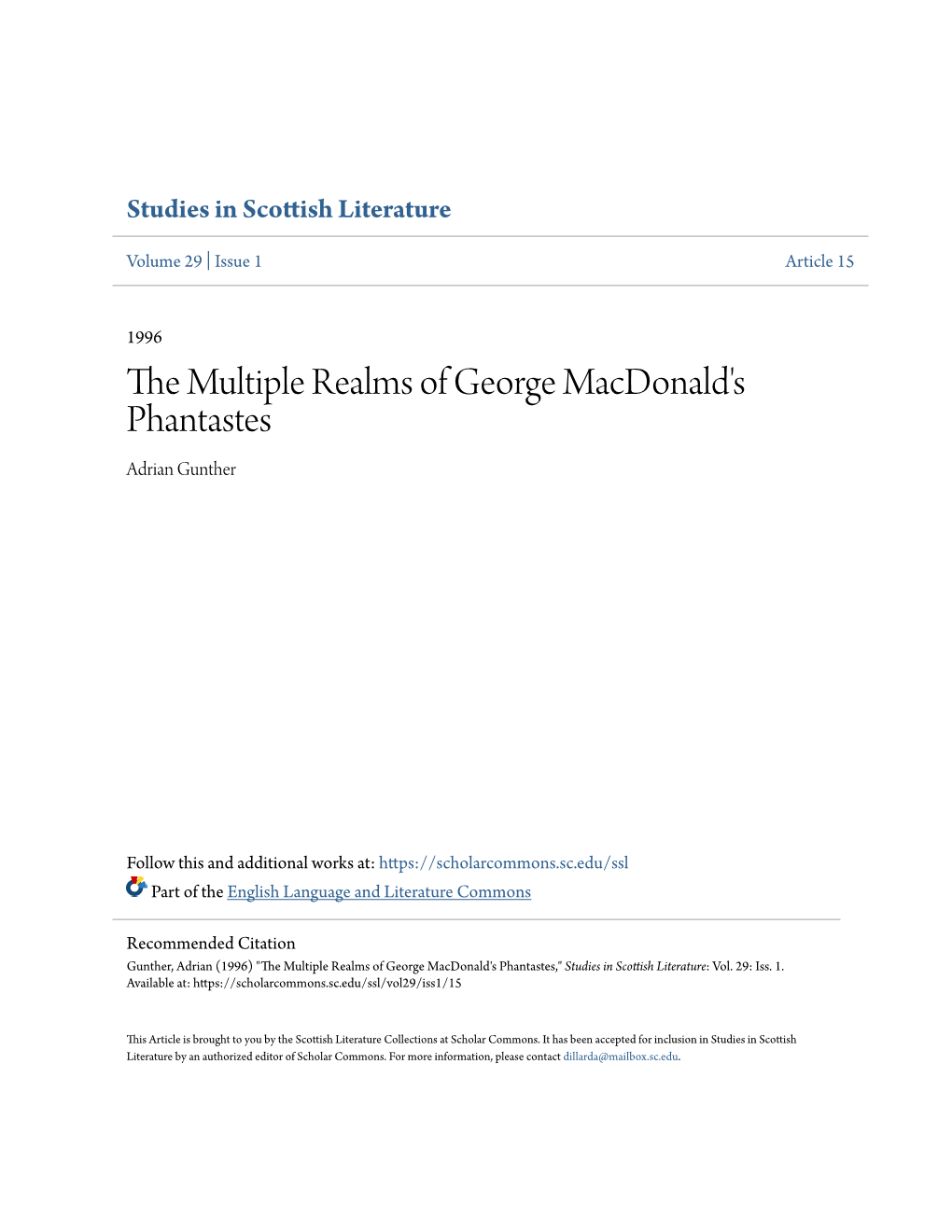 The Multiple Realms of George Macdonald's Phantastes