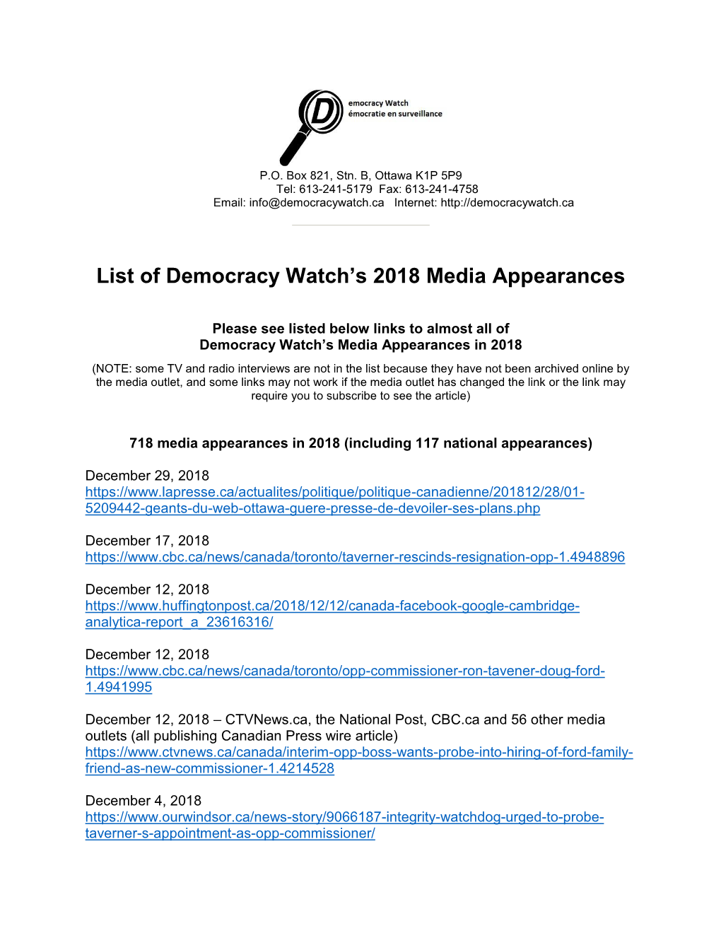 List of Democracy Watch's 2018 Media Appearances