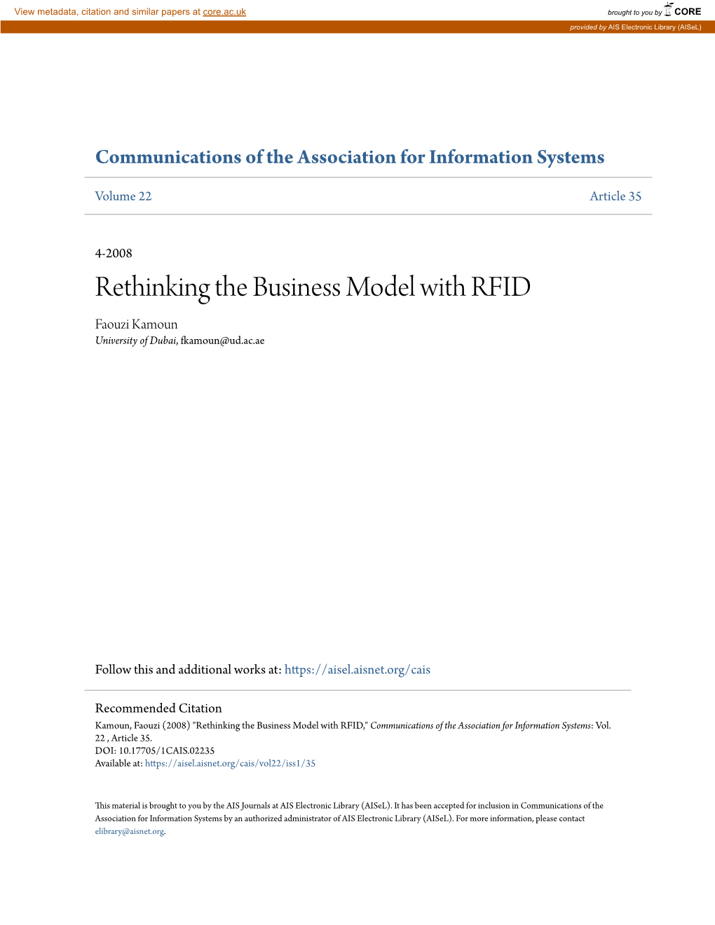 Rethinking the Business Model with RFID Faouzi Kamoun University of Dubai, Fkamoun@Ud.Ac.Ae