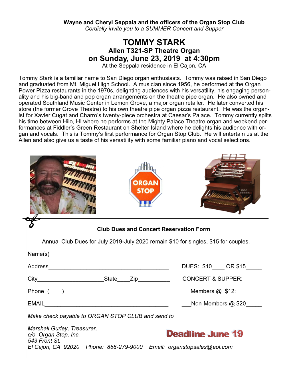 TOMMY STARK Allen T321-SP Theatre Organ on Sunday, June 23, 2019 at 4:30Pm at the Seppala Residence in El Cajon, CA