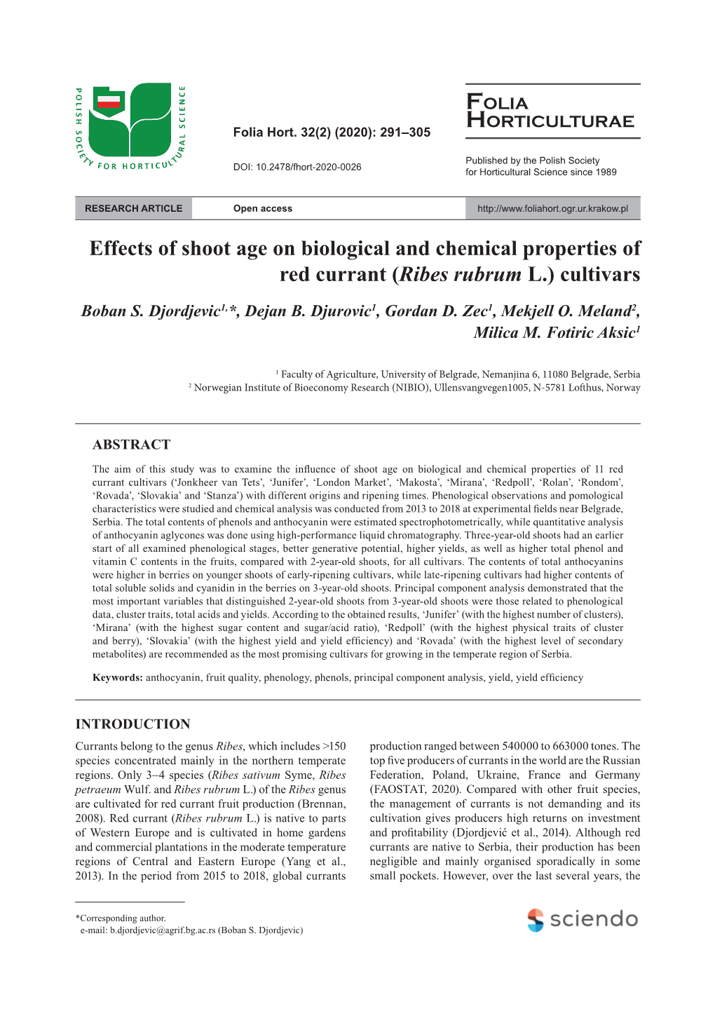 Effects of Shoot Age on Biological and Chemical Properties of Red Currant (Ribes Rubrum L.) Cultivars