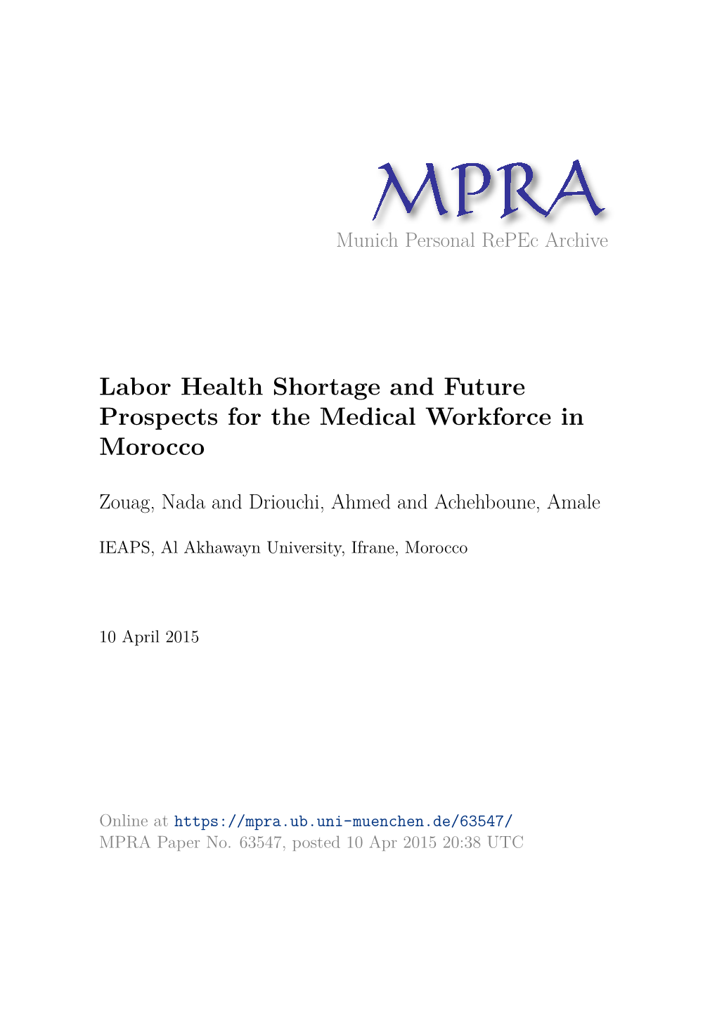 Labor Health Shortage and Future Prospects for the Medical Workforce in Morocco