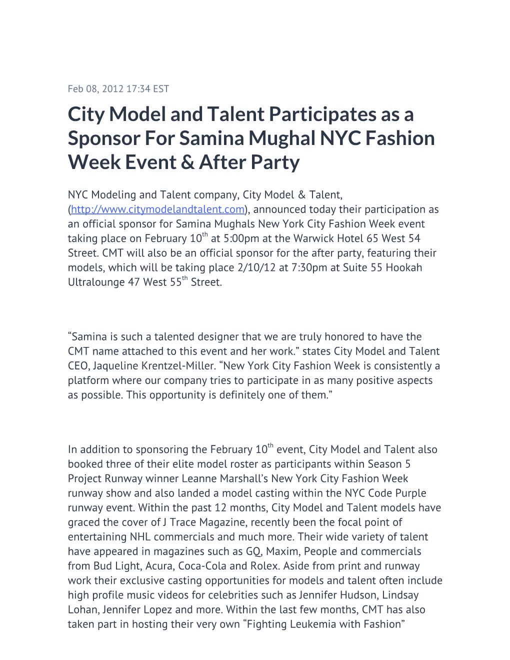 City Model and Talent Participates As a Sponsor for Samina Mughal NYC Fashion Week Event & After Party