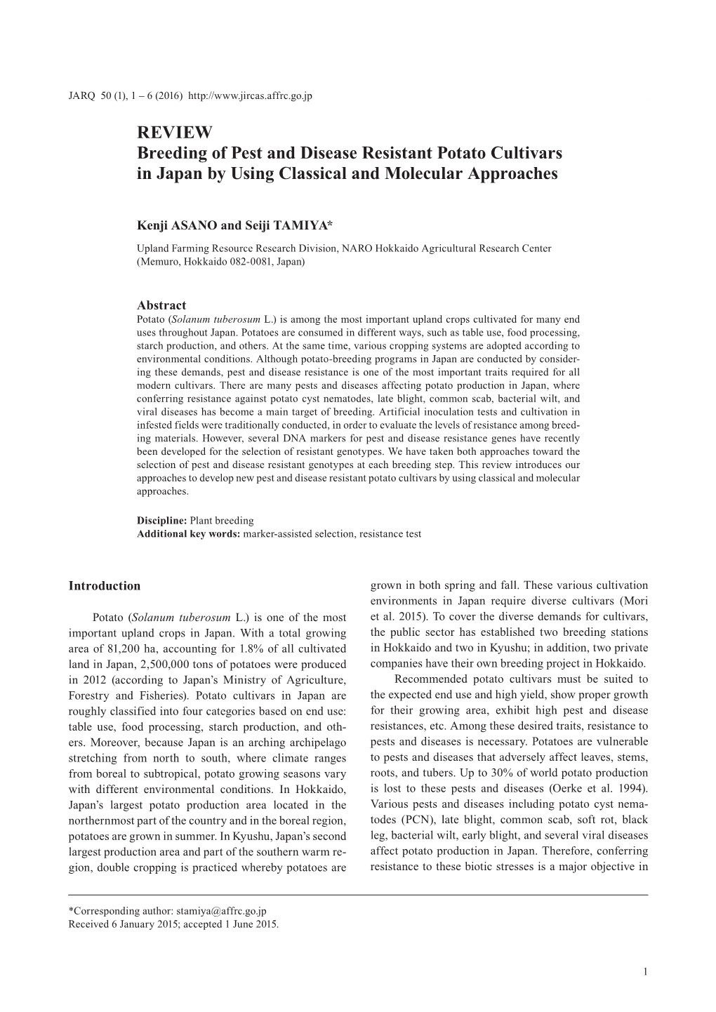 REVIEW Breeding of Pest and Disease Resistant Potato Cultivars in Japan by Using Classical and Molecular Approaches