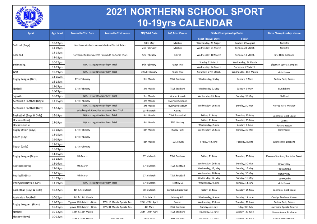 2021 NORTHERN SCHOOL SPORT 10-19Yrs CALENDAR